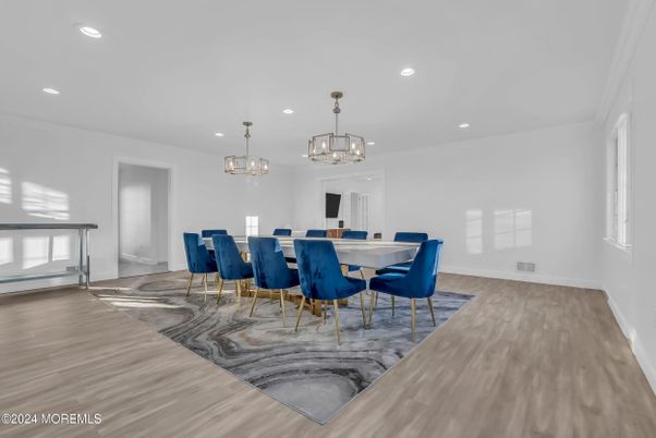 Dining room, Interior, Pendant Lights, Recessed Lighting, Wood Texture Flooring