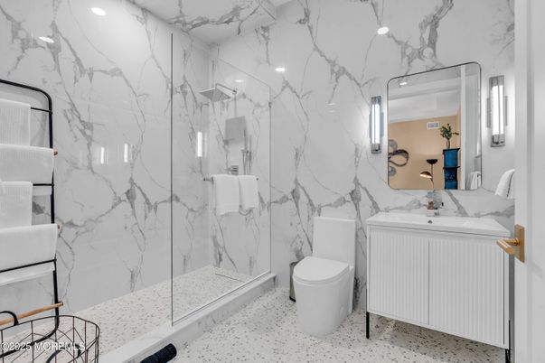 Bathroom, Glass Shower, Interior, Marble Walls, Recessed Lighting