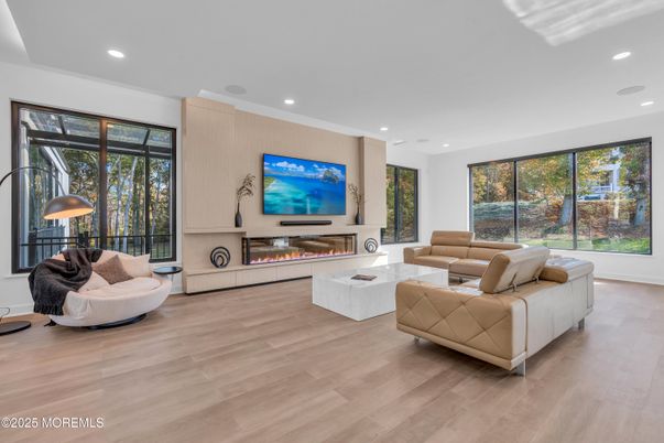 Fireplace, Interior, Living room, Recessed Lighting, Wood Texture Flooring