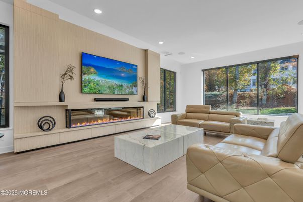 Fireplace, Interior, Living room, Recessed Lighting, Wood Texture Flooring
