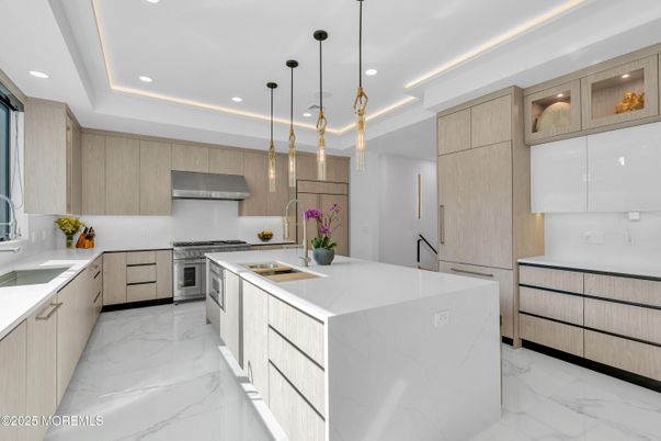Interior, Kitchen, Marble, Pendant Lights, Recessed Lighting, Stainless Steel Appliances