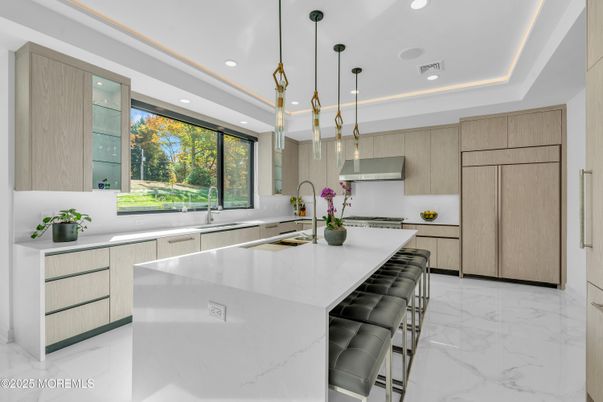Interior, Kitchen, Marble, Pendant Lights, Recessed Lighting, Stainless Steel Appliances