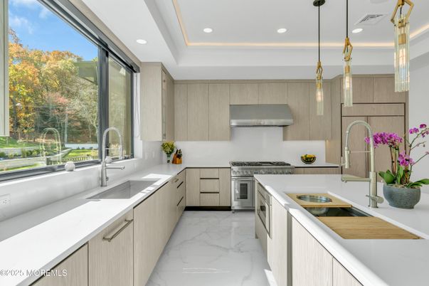 Interior, Kitchen, Marble, Pendant Lights, Recessed Lighting, Stainless Steel Appliances
