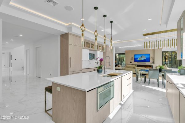 Dining room, Interior, Kitchen, Living room, Marble, Pendant Lights, Recessed Lighting, Stainless Steel Appliances
