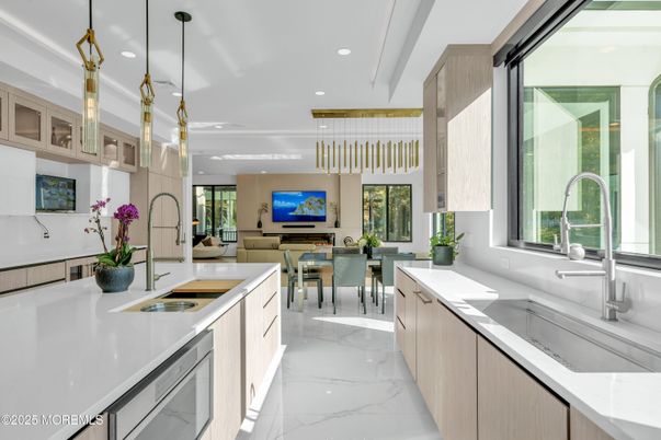 Dining room, Interior, Kitchen, Living room, Marble, Pendant Lights, Recessed Lighting, Stainless Steel Appliances
