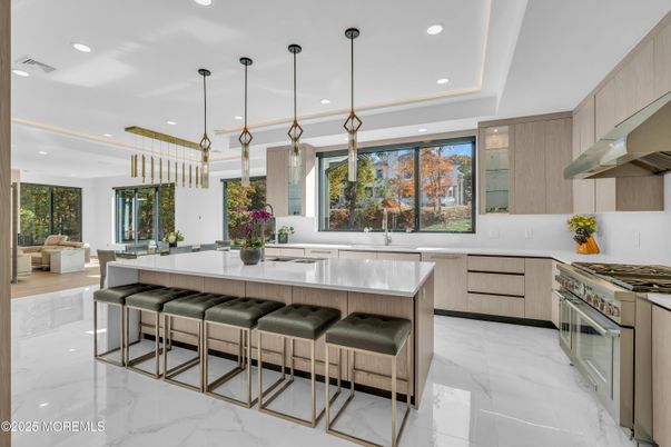 Interior, Kitchen, Marble, Pendant Lights, Recessed Lighting, Stainless Steel Appliances