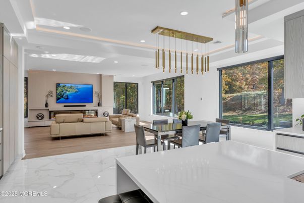 Dining room, Interior, Living room, Marble, Pendant Lights, Recessed Lighting, Wood Texture Flooring