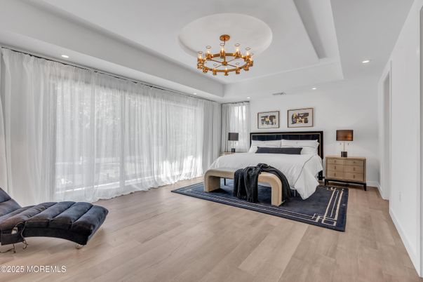 Bedroom, Chandelier, Interior, Recessed Lighting, Wood Texture Flooring