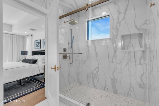 Bathroom, Bedroom, Glass Shower, Interior, Marble Walls, Recessed Lighting, Wood Texture Flooring