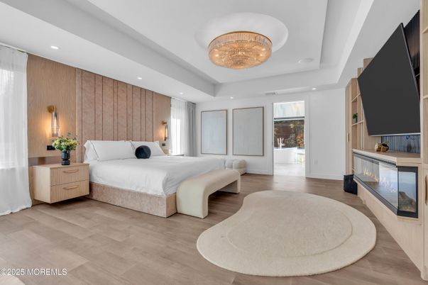 Bedroom, Chandelier, Interior, Recessed Lighting, Wood Texture Flooring