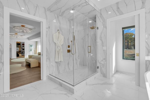 Bathroom, Chandelier, Glass Shower, Interior, Marble, Marble Walls, Recessed Lighting