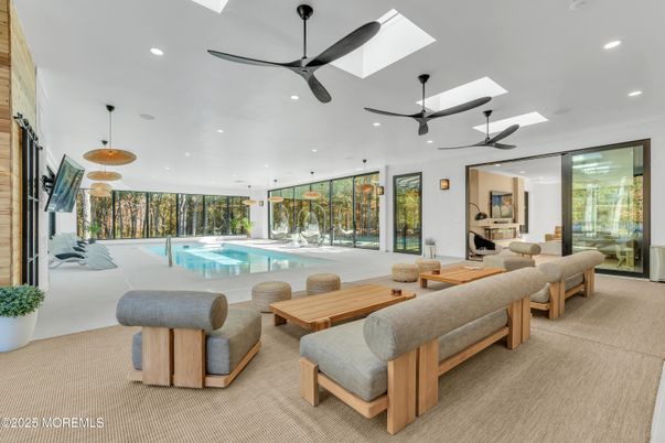 Interior, Living room, Pool, Recessed Lighting, Stone Walls