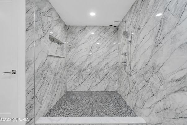 Bathroom, Glass Shower, Interior, Marble Walls, Recessed Lighting