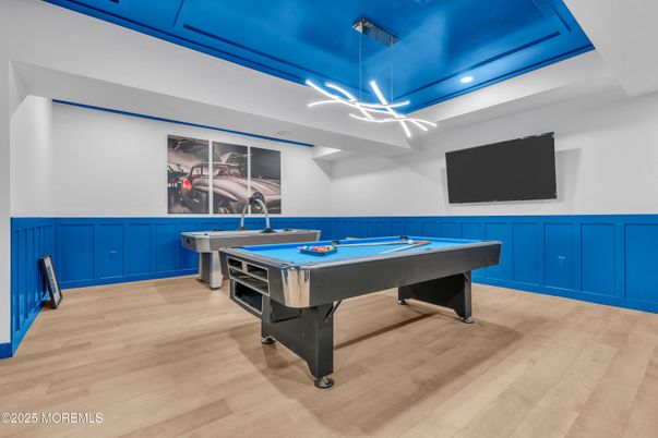 Billiard Table, Game Room, Interior, Pendant Lights, Wood Texture Flooring