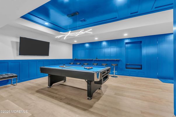 Billiard Table, Game Room, Interior, Pendant Lights, Recessed Lighting, Wood Texture Flooring
