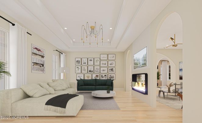 Fireplace, Interior, Living room, Pendant Lights, Recessed Lighting, Wood Texture Flooring