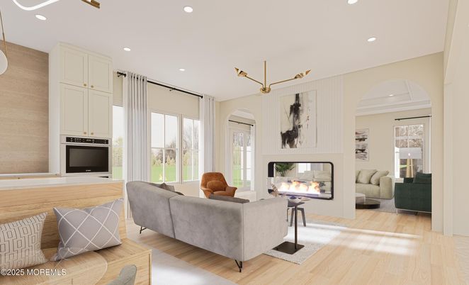 Fireplace, Interior, Living room, Pendant Lights, Recessed Lighting, Wood Texture Flooring