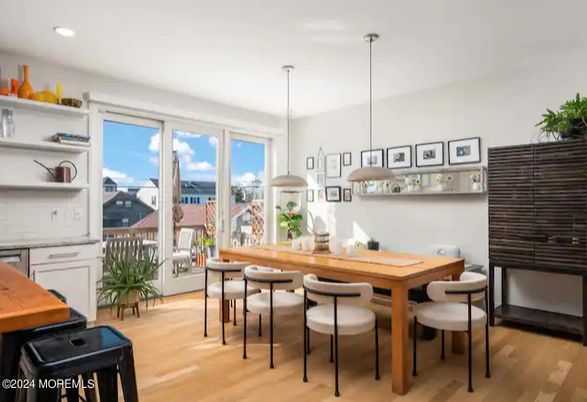 Dining room, Interior, Pendant Lights, Recessed Lighting, Wood Texture Flooring