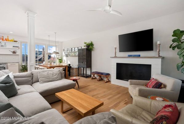 Fireplace, Interior, Kitchen, Living room, Pendant Lights, Recessed Lighting, Wood Texture Flooring