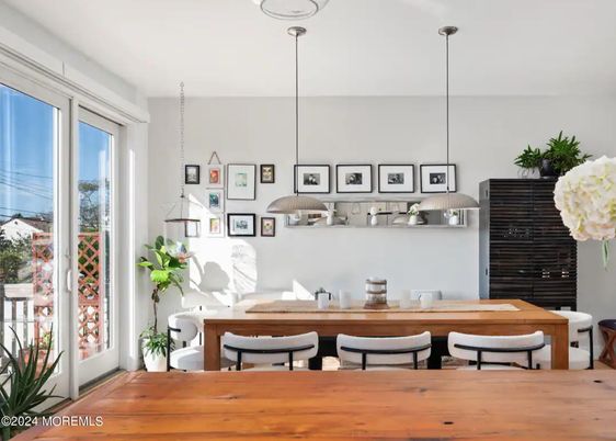 Dining room, Interior, Pendant Lights, Wood Texture Flooring