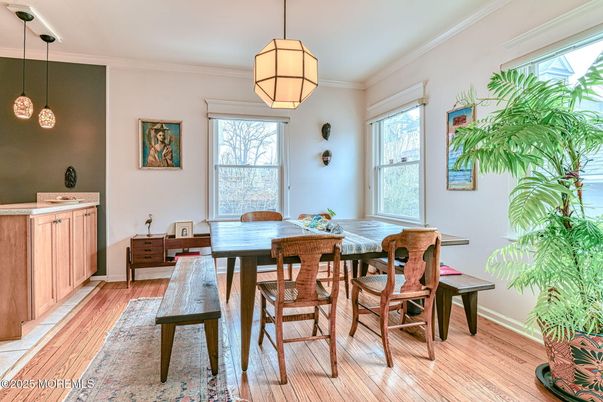 Dining room, Interior, Pendant Lights, Wood Texture Flooring