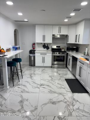 Interior, Kitchen, Marble, Recessed Lighting, Stainless Steel Appliances