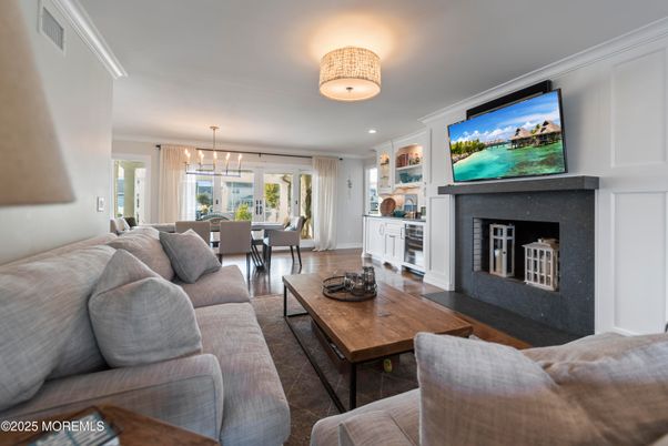 Dining room, Fireplace, Interior, Living room, Pendant Lights, Wood Texture Flooring