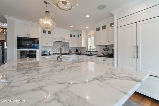 Interior, Kitchen, Marble, Pendant Lights, Recessed Lighting, Stainless Steel Appliances