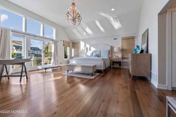 Bedroom, Chandelier, Interior, Recessed Lighting, Wood Texture Flooring