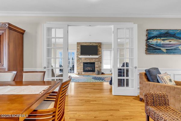 Dining room, Fireplace, Interior, Stone Walls, Wood Texture Flooring
