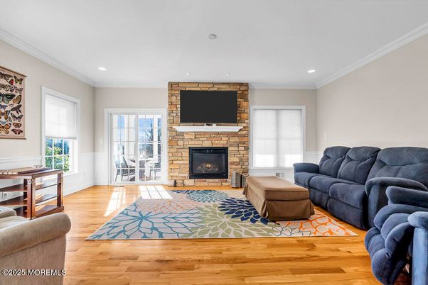 Fireplace, Interior, Living room, Recessed Lighting, Wood Texture Flooring