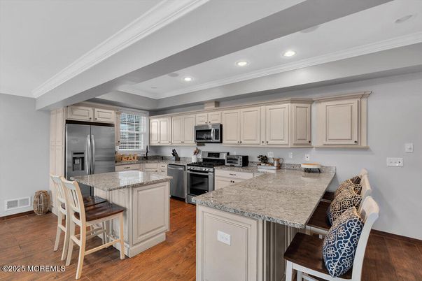 Interior, Kitchen, Recessed Lighting, Stainless Steel Appliances, Wood Texture Flooring