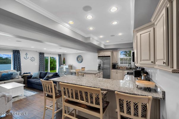 Interior, Kitchen, Living room, Recessed Lighting, Stainless Steel Appliances, Wood Texture Flooring