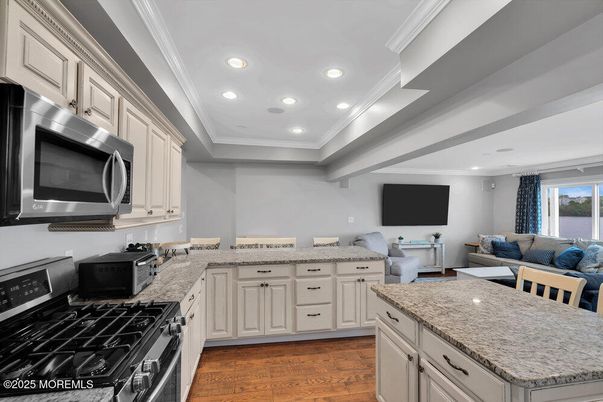 Interior, Kitchen, Living room, Recessed Lighting, Stainless Steel Appliances, Wood Texture Flooring