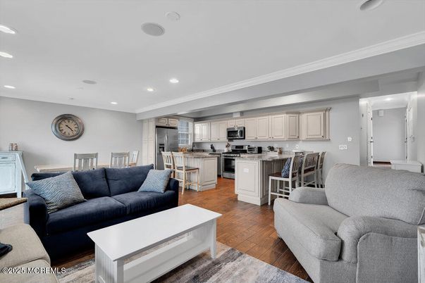 Dining room, Interior, Kitchen, Living room, Recessed Lighting, Stainless Steel Appliances, Wood Texture Flooring