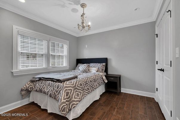 Bedroom, Chandelier, Interior, Recessed Lighting, Wood Texture Flooring