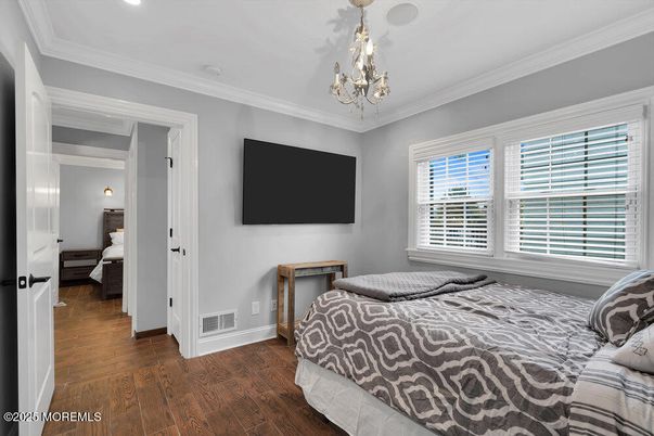 Bedroom, Chandelier, Interior, Recessed Lighting, Wood Texture Flooring