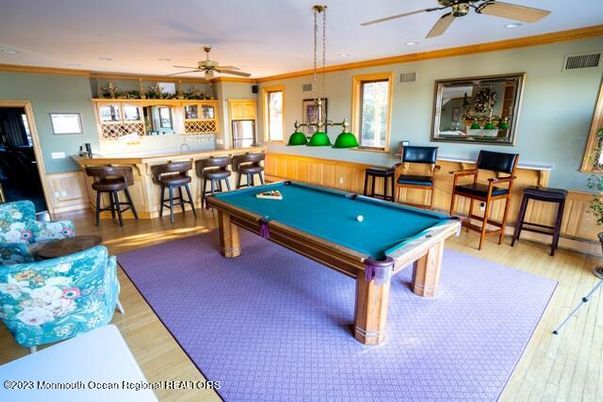 Billiard Table, Game Room, Interior, Pendant Lights, Recessed Lighting, Wood Texture Flooring