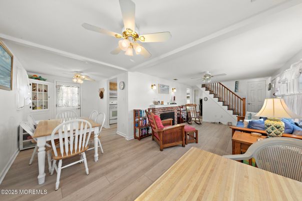 Dining room, Fireplace, Interior, Living room, Wood Texture Flooring