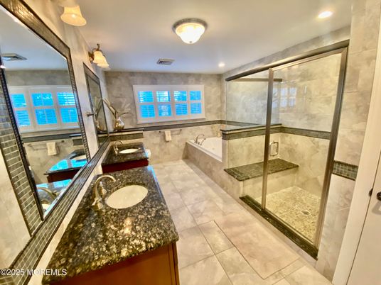 Bathroom, Dual Sink Vanities, Glass Shower, Interior, Recessed Lighting