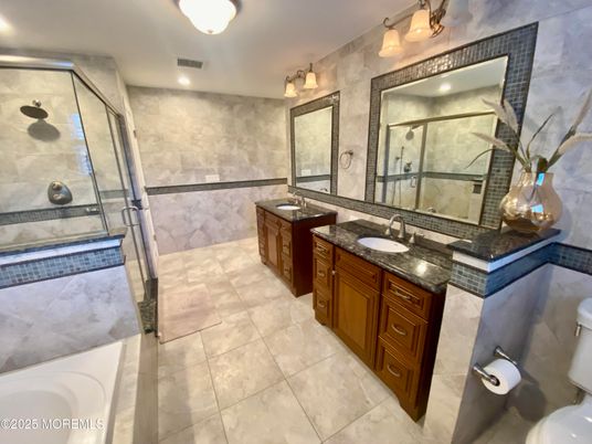 Bathroom, Dual Sink Vanities, Glass Shower, Interior, Recessed Lighting