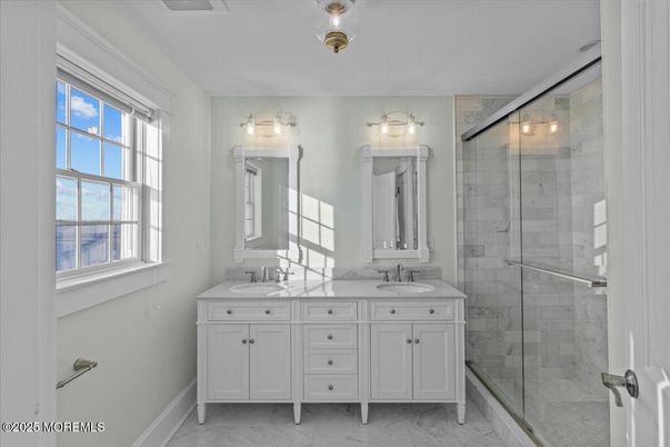 Bathroom, Dual Sink Vanities, Glass Shower, Interior, Marble, Marble Walls