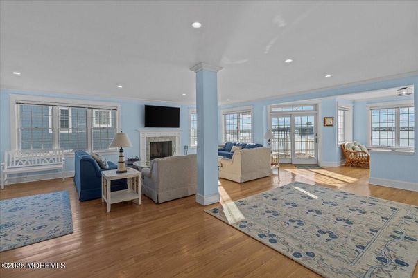 Fireplace, Interior, Living room, Recessed Lighting, Wood Texture Flooring