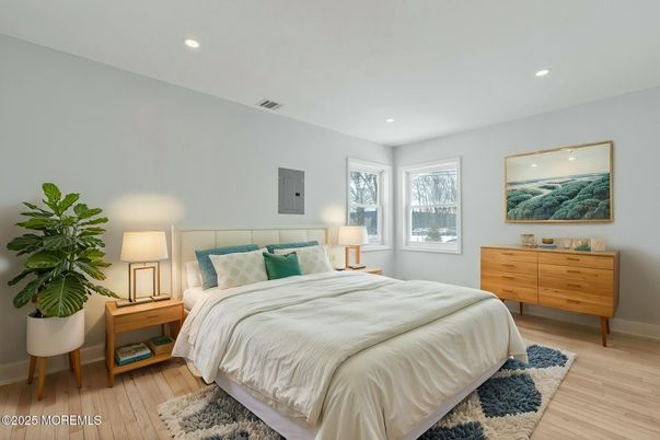 Bedroom, Interior, Recessed Lighting, Wood Texture Flooring