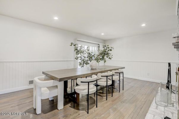 Dining room, Interior, Recessed Lighting, Wood Texture Flooring