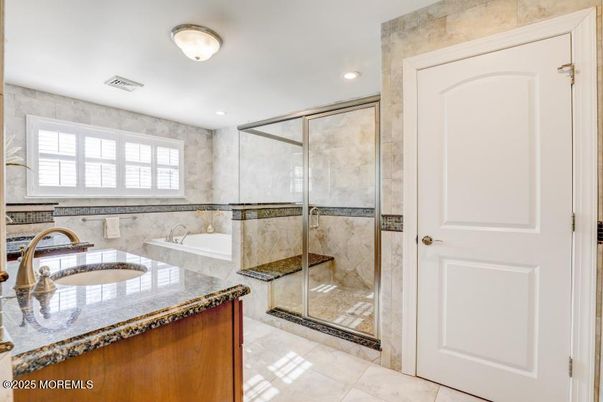 Bathroom, Dual Sink Vanities, Glass Shower, Interior, Recessed Lighting