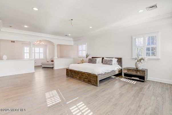 Bedroom, Chandelier, Interior, Recessed Lighting, Wood Texture Flooring
