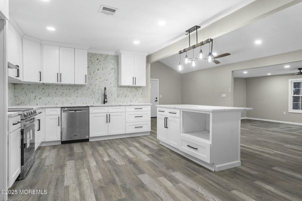 Interior, Kitchen, Pendant Lights, Recessed Lighting, Stainless Steel Appliances, Wood Texture Flooring
