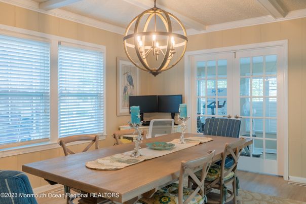 Chandelier, Dining room, Interior, Pendant Lights, Wood Texture Flooring