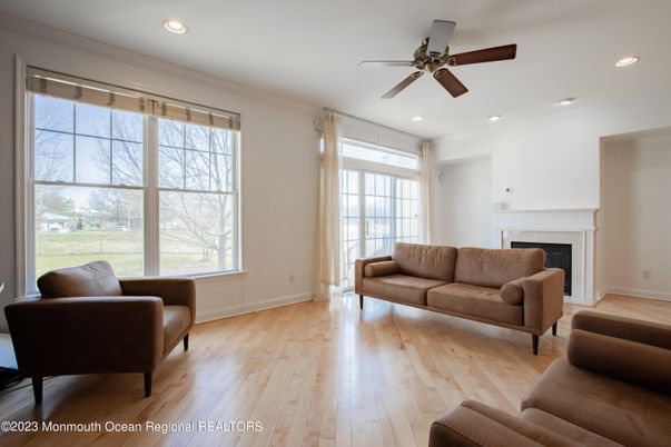 Fireplace, Interior, Living room, Recessed Lighting, Wood Texture Flooring